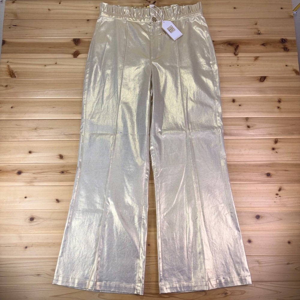 NEW Emily McCarthy Pants Womens Large Gold Rush Ruffle Flare High Rise Metallic